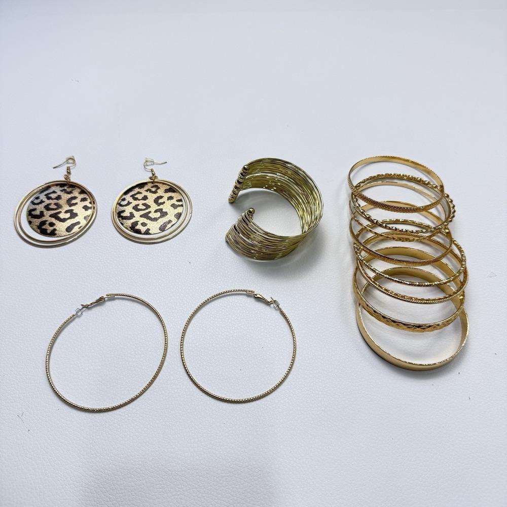 Gold Tone Fashion Jewerly Lot - Leopard Print Earrings, Hoop‎ Earrings, Bangles